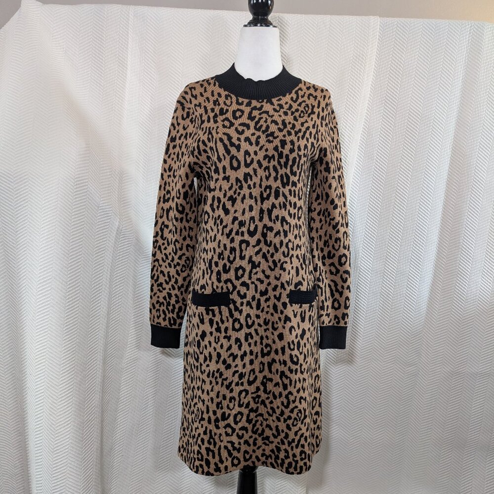 J. Crew Leopard Mockneck sweater dress Tan & Black Size Small Classic Mod Office
